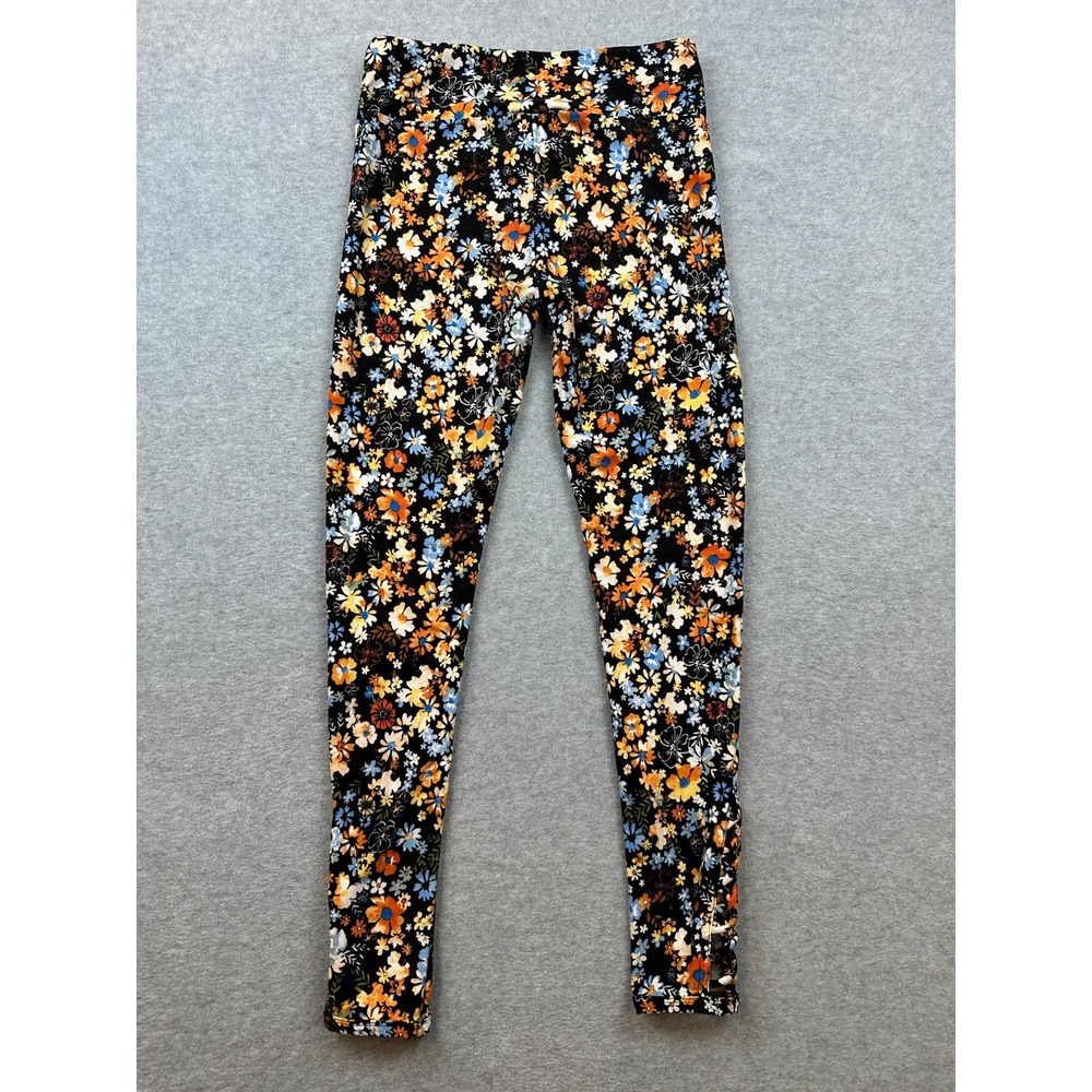 No Boundaries Floral Lattice Hem Leggings Black Orange Blue Small 3-5